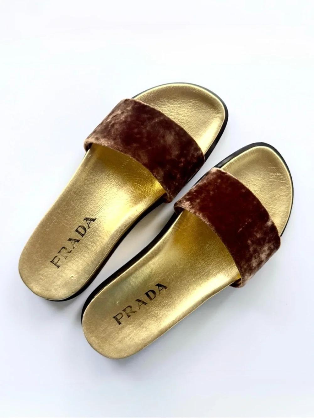 Prada Velvet Slide Sandals in Brown & Gold Size 36 - Picture 4 of 15